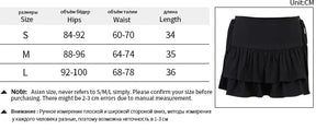 Size chart for the black side lace-up ruffle skirt, listing hip, waist and length ranges for S, M and L beside a product photograph.