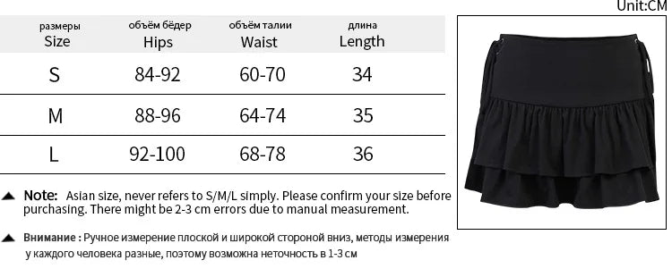Size chart for the black side lace-up ruffle skirt, listing hip, waist and length ranges for S, M and L beside a product photograph.