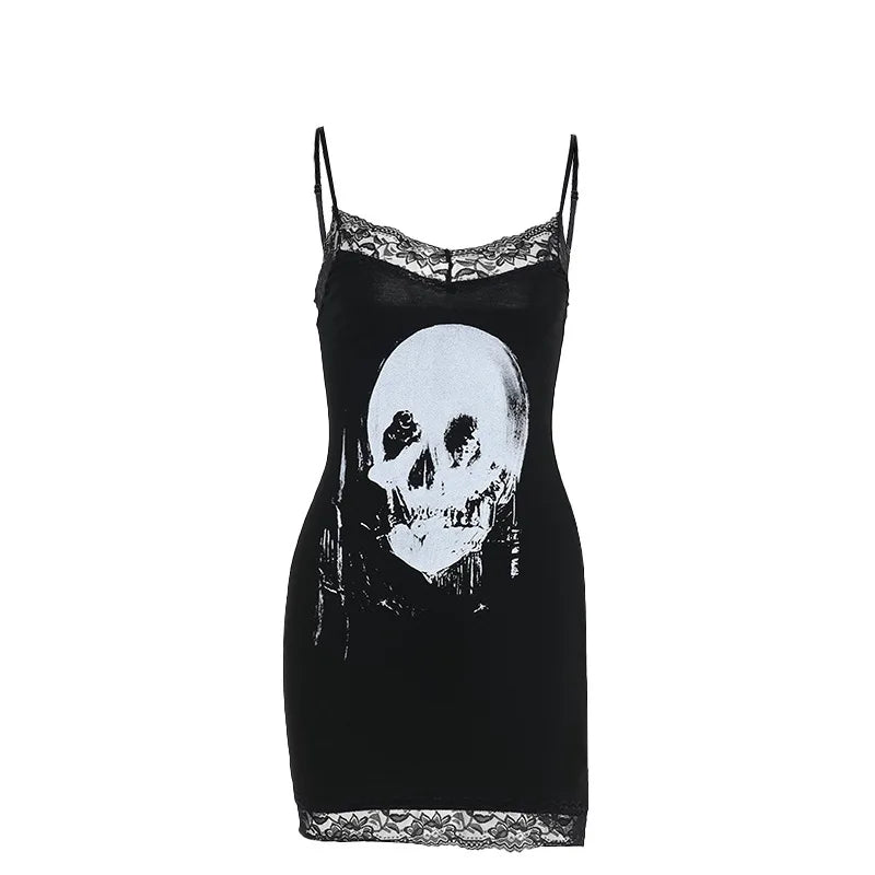 Black skull print mini dress isolated on white, with lace at the neckline and hem and narrow shoulder straps.