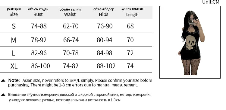 Size chart for the black skull lace mini dress, listing bust, waist, hip and length measurements for S through XL.