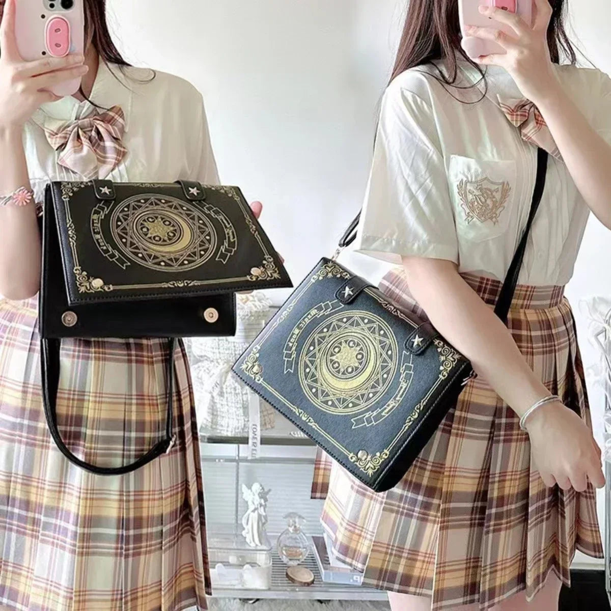 Black spellbook bag showing flap fasteners and shoulder styling