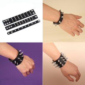 Four-panel comparison of black spike bracelets laid open and worn on wrists, showing their different widths and adjustable snap ends.