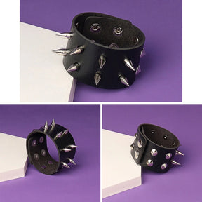 Three-panel view of black spike bracelets on a purple and white background, comparing the widths and rows of silver-tone hardware.