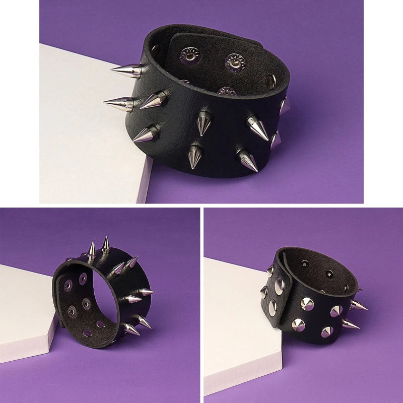 Three-panel view of black spike bracelets on a purple and white background, comparing the widths and rows of silver-tone hardware.