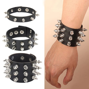 Three black spike cuff widths shown beside a wrist wearing the widest design, comparing single-row, double-row and wide studded options.
