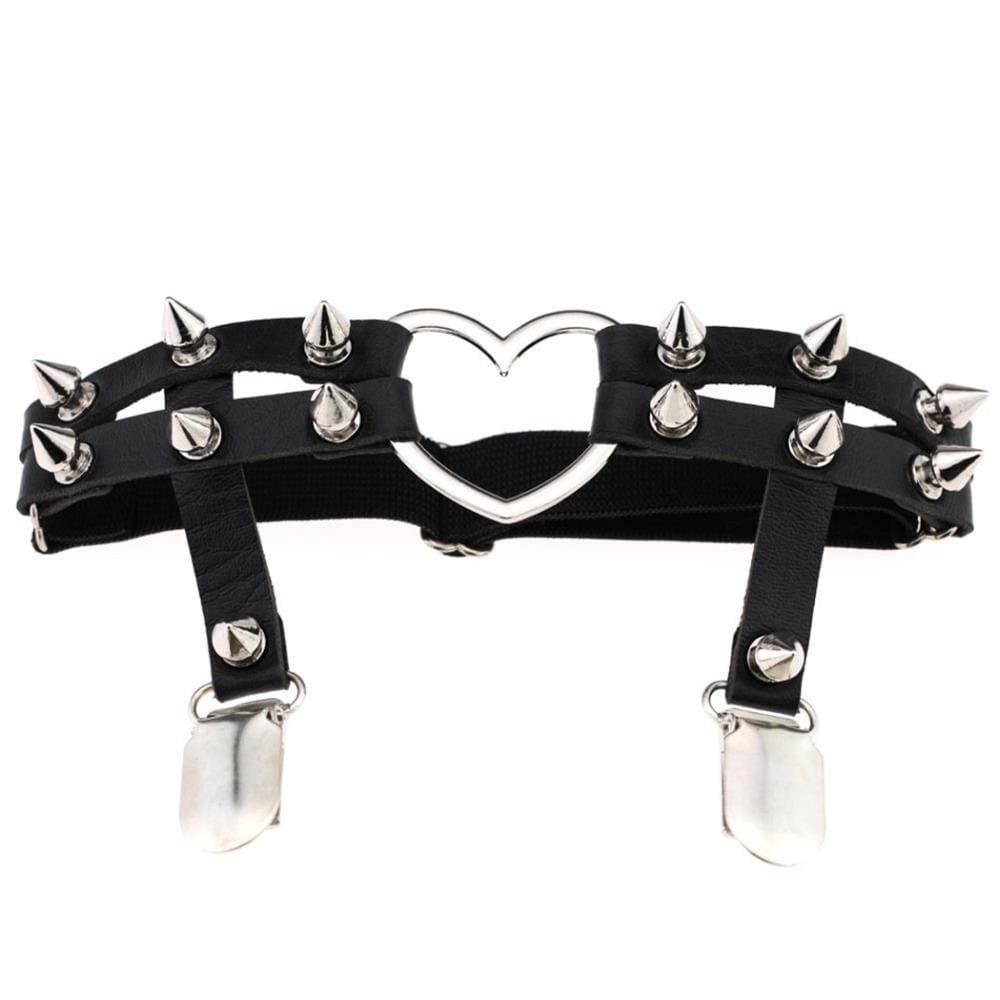 Alternate front view of a black spiked heart thigh garter, showing the parallel bands, elastic rear section and two stocking clips against white.