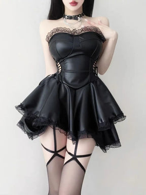 Black lace-trim strapless dress worn with a choker and decorative leg straps for styling.