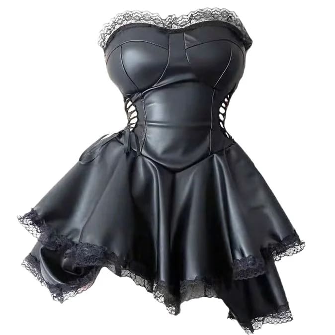 Black faux leather dress isolated on white, with side lacing and a layered lace-trim hem.