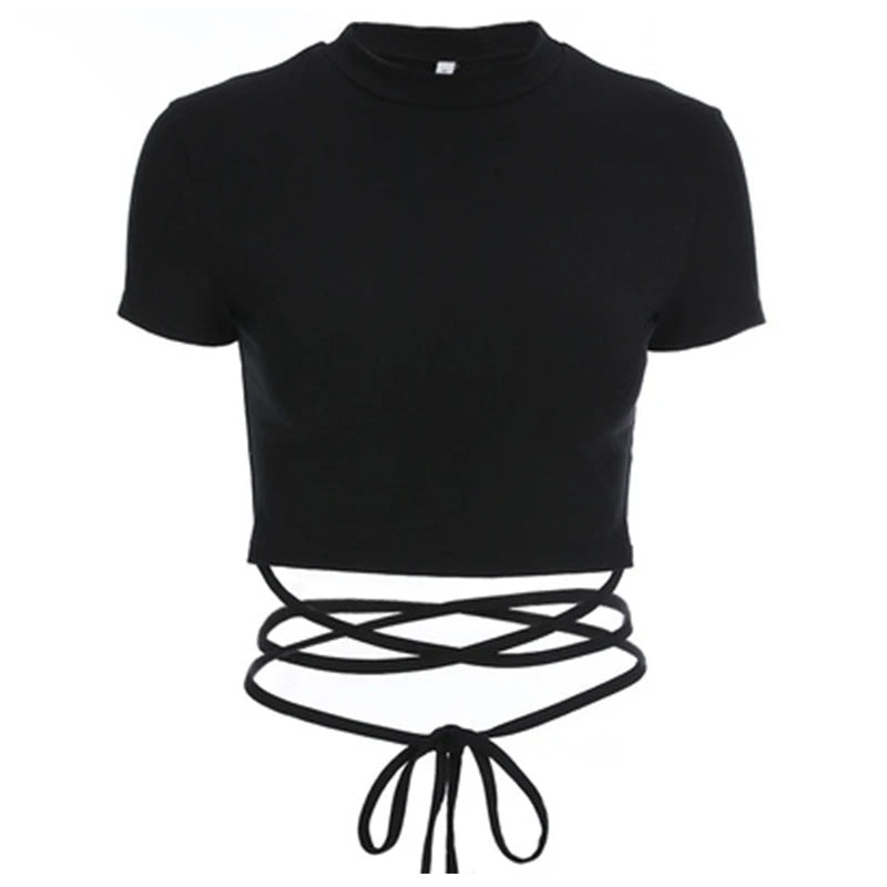 Front view of the black short sleeve crop top isolated on white, with wrap ties crossed below the hem and a bow at the waist.