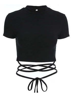 Black short sleeve crop top isolated on white, with long ties crossed below the hem and knotted into a bow.
