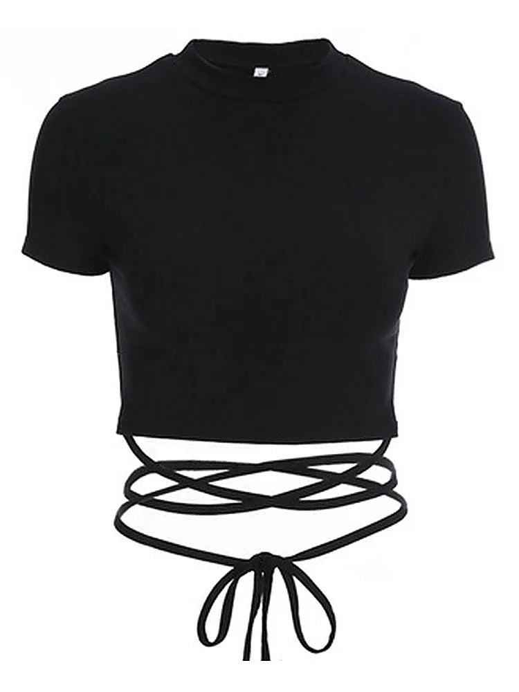 Black short sleeve crop top isolated on white, with long ties crossed below the hem and knotted into a bow.
