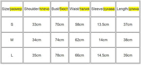 Size chart for the black wrap tie crop top, listing shoulder, bust, waist, sleeve and length measurements for S, M and L.
