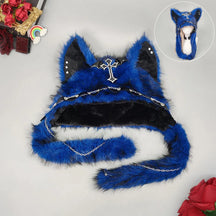 Blue plush gothic cat ear hat with studded black inner ears, a front cross and draped chains.