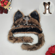 Brown plush cat ear hat with black inner ears, decorative chains and long matching flaps.