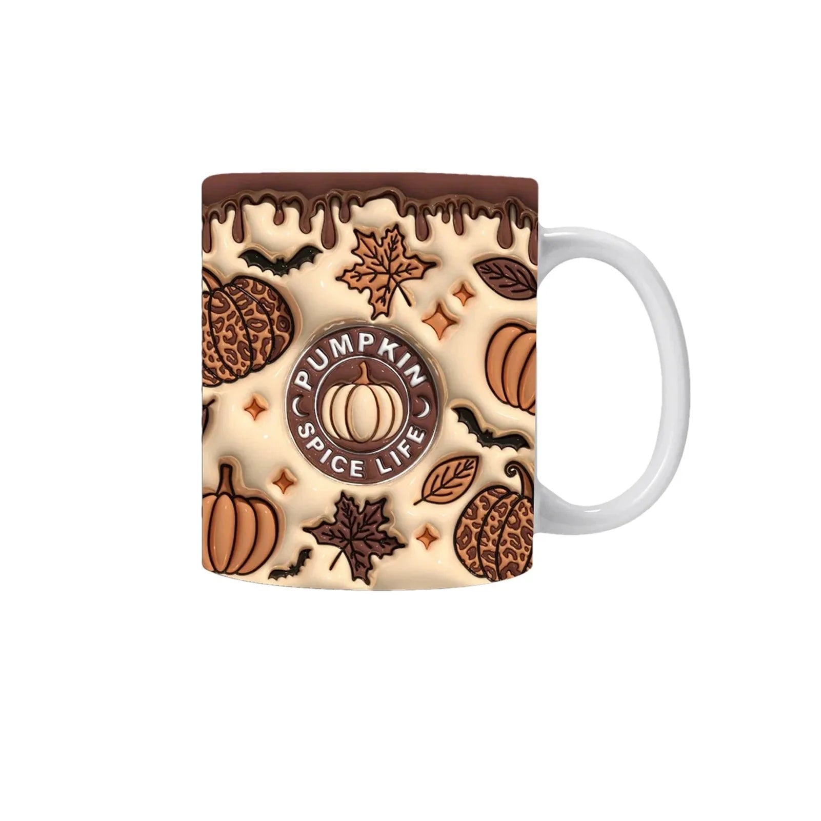 Brown Pumpkin Spice Life mug with coffee-toned autumn artwork, pumpkin motifs and a white handle.