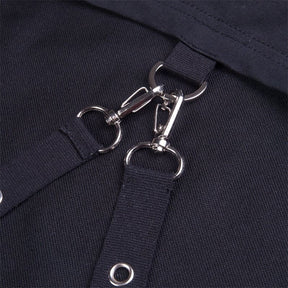 Dark navy fabric straps with silver metal clasps on the back of buckled baddie long sleeve hoodie with fitted sleeves