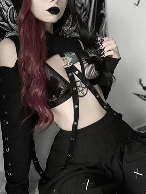 Black mesh crop top with black straps and silver studs featuring a pentagram pendant paired with buckled baddie long fitted sleeves hooded shrug