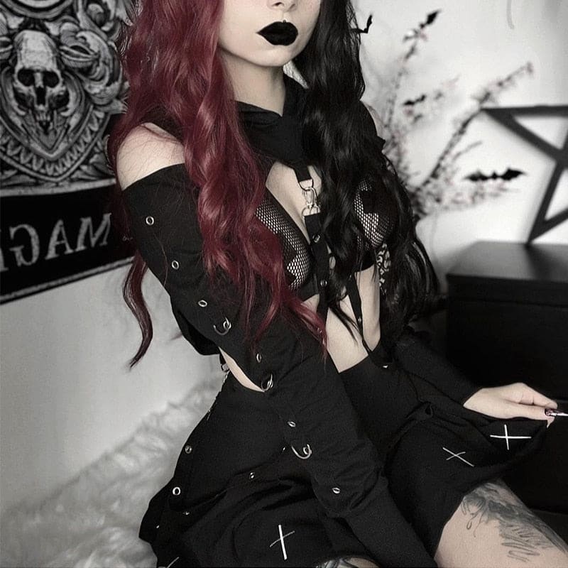 Black gothic-style off-shoulder dress with mesh panels, silver eyelets, cross embroidery, and long fitted sleeves hooded shrug