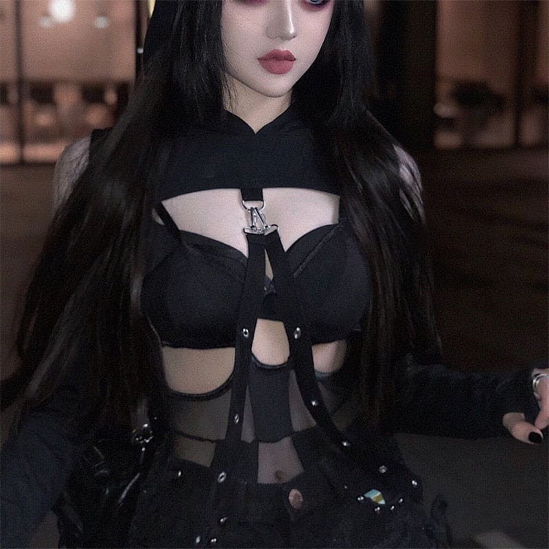 Black sheer mesh hooded shrug with adjustable straps, metallic hardware, and long fitted sleeves perfect for edgy looks