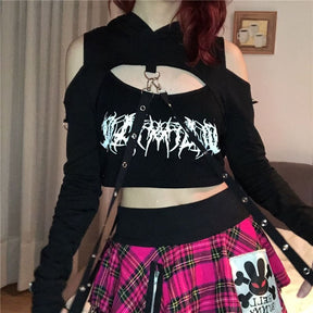 Black buckled baddie cropped hoodie with white graffiti graphic shoulder cutouts and long fitted sleeves hooded shrug style