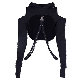 Black cropped hoodie top with front harness strap detail and long fitted sleeves perfect as a hooded shrug