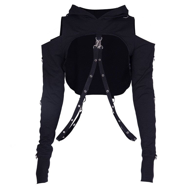 Black cropped hoodie top with front harness strap detail and long fitted sleeves perfect as a hooded shrug