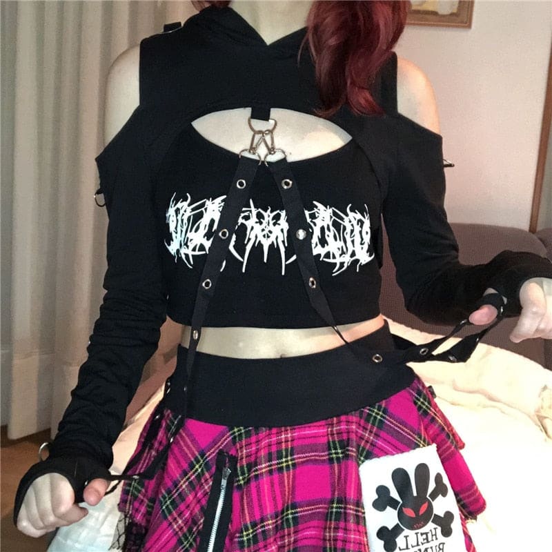 Black cropped hoodie with shoulder cutouts white gothic lettering and buckled straps perfect hooded shrug with fitted sleeves