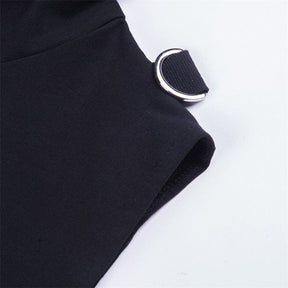 Black buckled baddie long sleeve hoodie with fitted sleeves featuring a silver ring and black elastic strap on the side