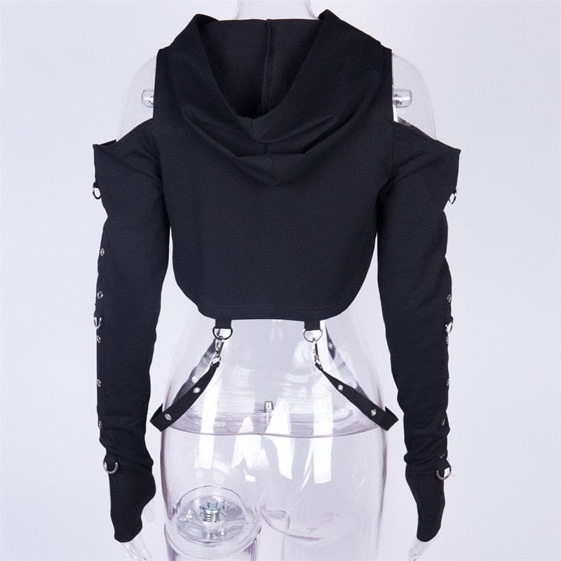 Black buckled baddie hooded shrug with long fitted sleeves, shoulder straps, and silver metal rings along the arms