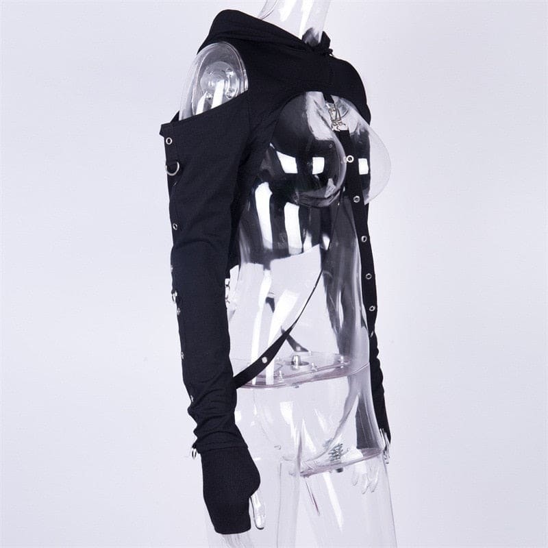 Black gothic hooded shrug with buckled shoulder straps and long fitted sleeves featuring metal hardware