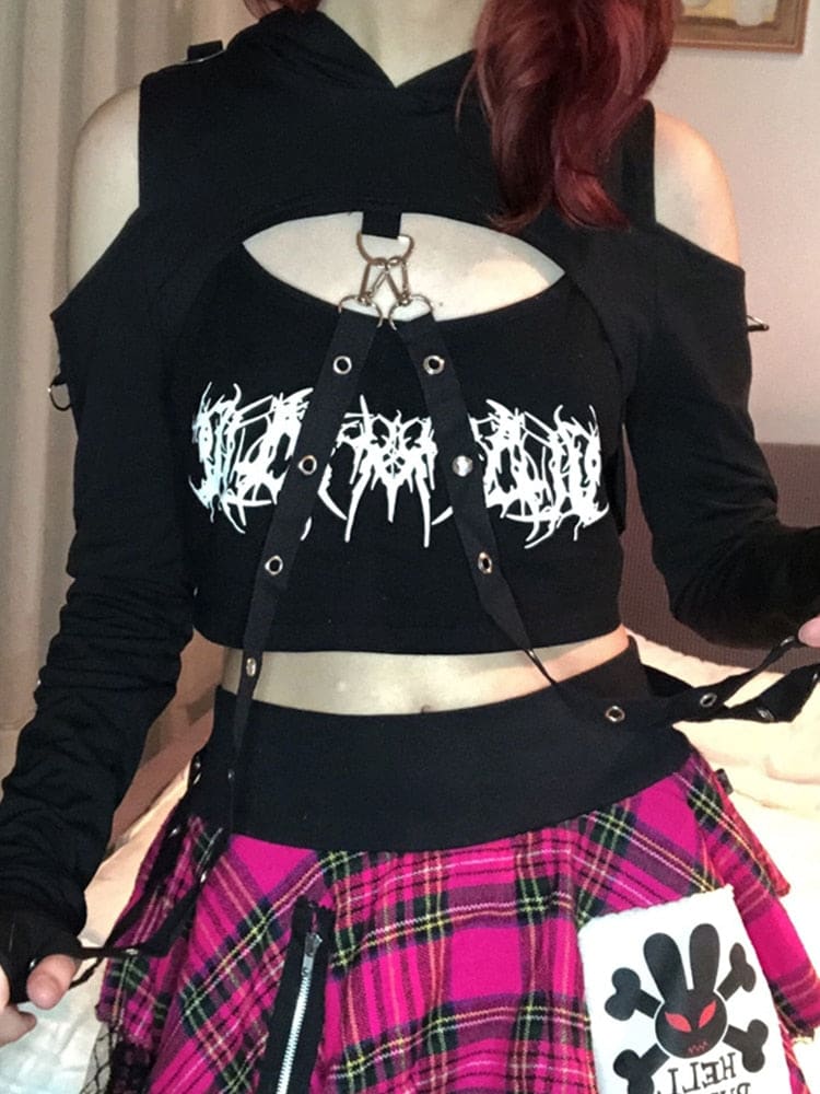 Black cropped top buckled baddie with white gothic lettering and black straps featuring metal hardware and fitted sleeves