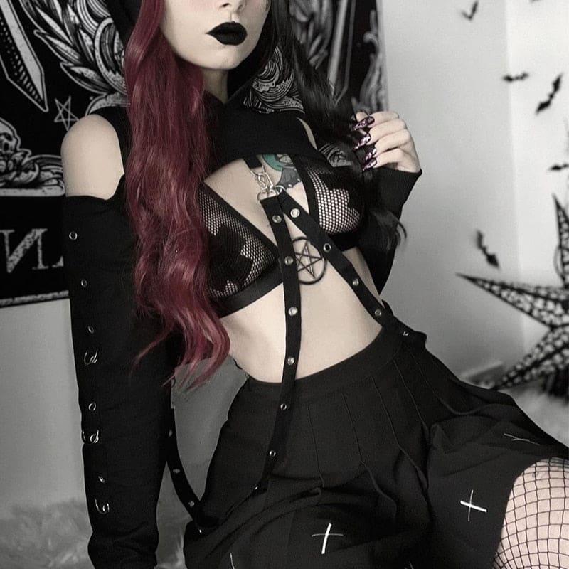 Black mesh and leather buckled baddie long sleeve hoodie with silver hardware pentagram and fitted sleeves hooded shrug