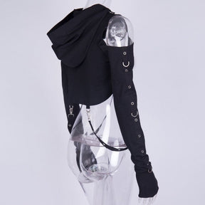Black cropped buckled baddie hoodie with cut-out shoulders and silver rings on long fitted sleeves hooded shrug style
