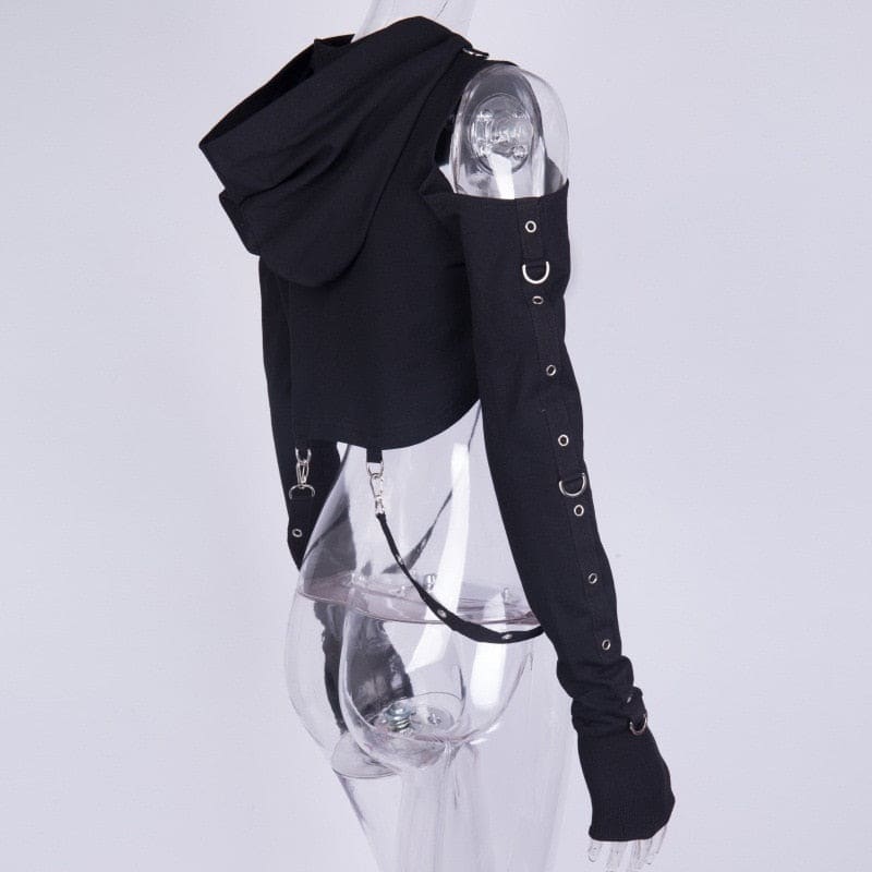 Black cropped buckled baddie hoodie with cut-out shoulders and silver rings on long fitted sleeves hooded shrug style