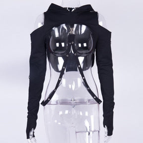 Black buckled baddie long sleeve hoodie with fitted sleeves and transparent plastic front panel and adjustable straps