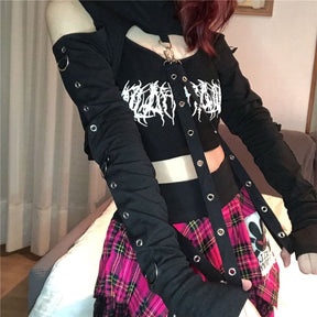 Black gothic long sleeve hoodie with white flames, metal eyelets, rings, and long fitted sleeves hooded shrug style