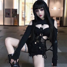 Black gothic-style buckled baddie hooded shrug with cutouts, straps, lace-up details, and long fitted sleeves