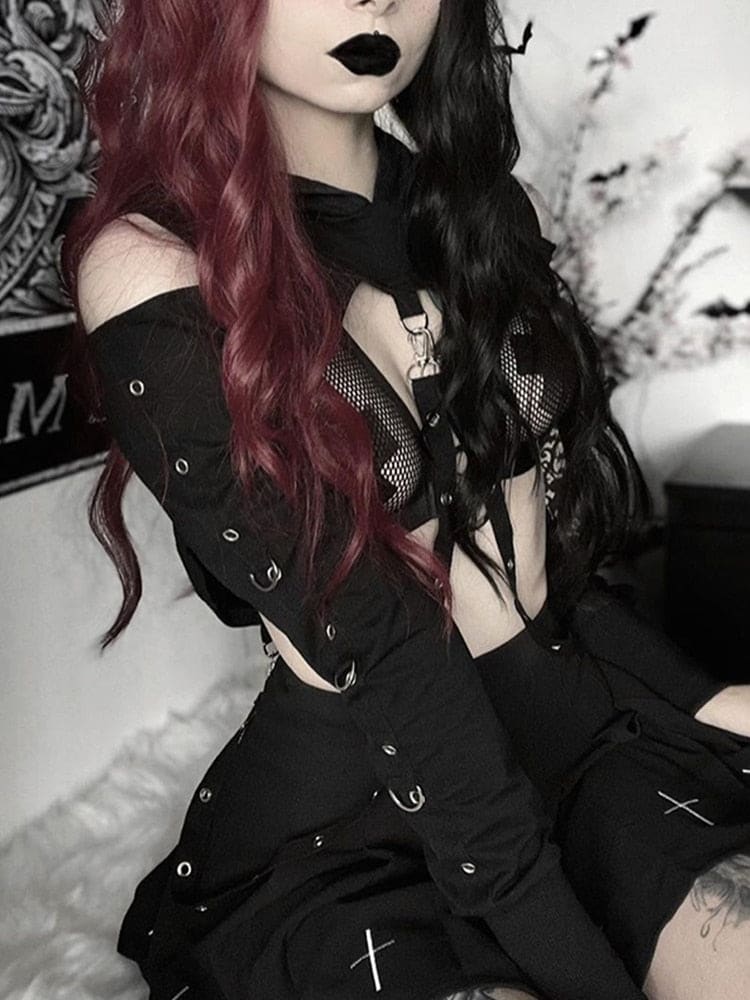 Black gothic mesh buckled baddie long sleeve hoodie with silver grommets and fitted sleeves hooded shrug style