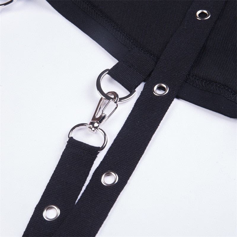 Black fabric strap with silver metal grommets and clasp on buckled baddie hooded shrug with long fitted sleeves