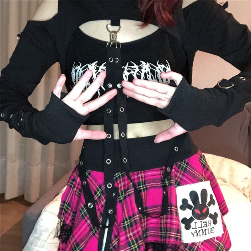 Black buckled baddie long sleeve hoodie with white graphic detailing, fitted sleeves, and adjustable hooded shrug straps