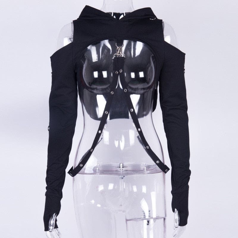 Black buckled baddie long sleeve hoodie with transparent plastic front panel hooded shrug and long fitted sleeves