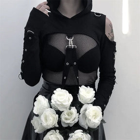 Black mesh and fabric buckled baddie hooded shrug with silver hardware and long fitted sleeves