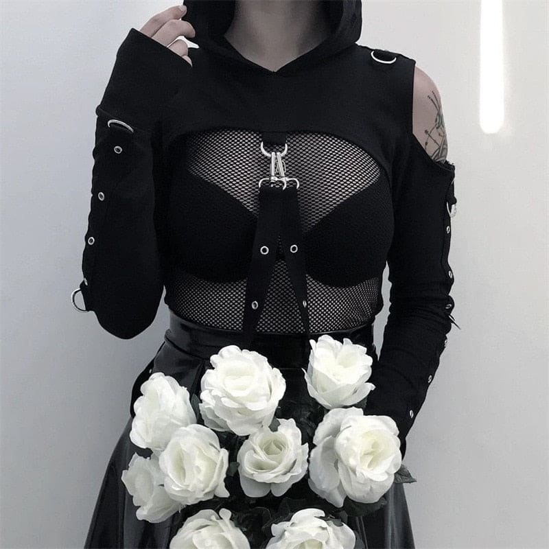 Black mesh and fabric buckled baddie hooded shrug with silver hardware and long fitted sleeves