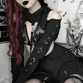 Black gothic-style buckled baddie long sleeve hoodie with mesh panels metal grommets and fitted long fitted sleeves