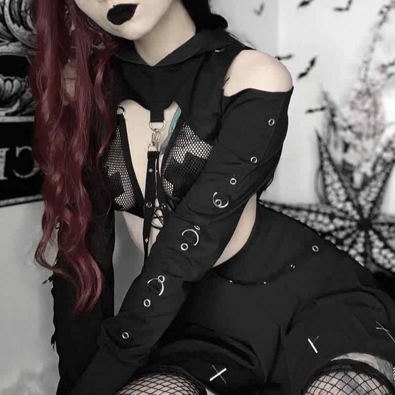 Black gothic-style buckled baddie long sleeve hoodie with mesh panels metal grommets and fitted long fitted sleeves