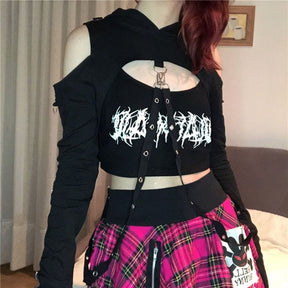 Black cropped hooded shrug with shoulder cutouts, white gothic lettering, adjustable buckled straps, and long fitted sleeves