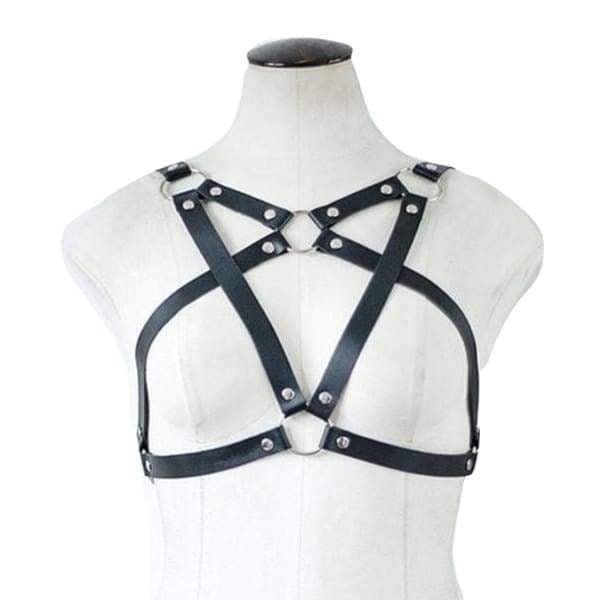 Buckled Pentagram Harness - accessories, belt, black leather, goth fashion, gothic