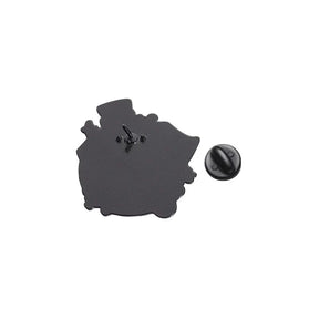 Back of the black cat potion bottle pin, showing a single metal post and detached black push-on backing.