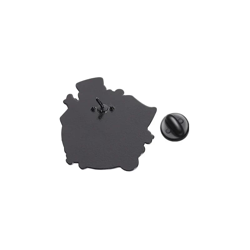 Back of the black cat potion bottle pin, showing a single metal post and detached black push-on backing.