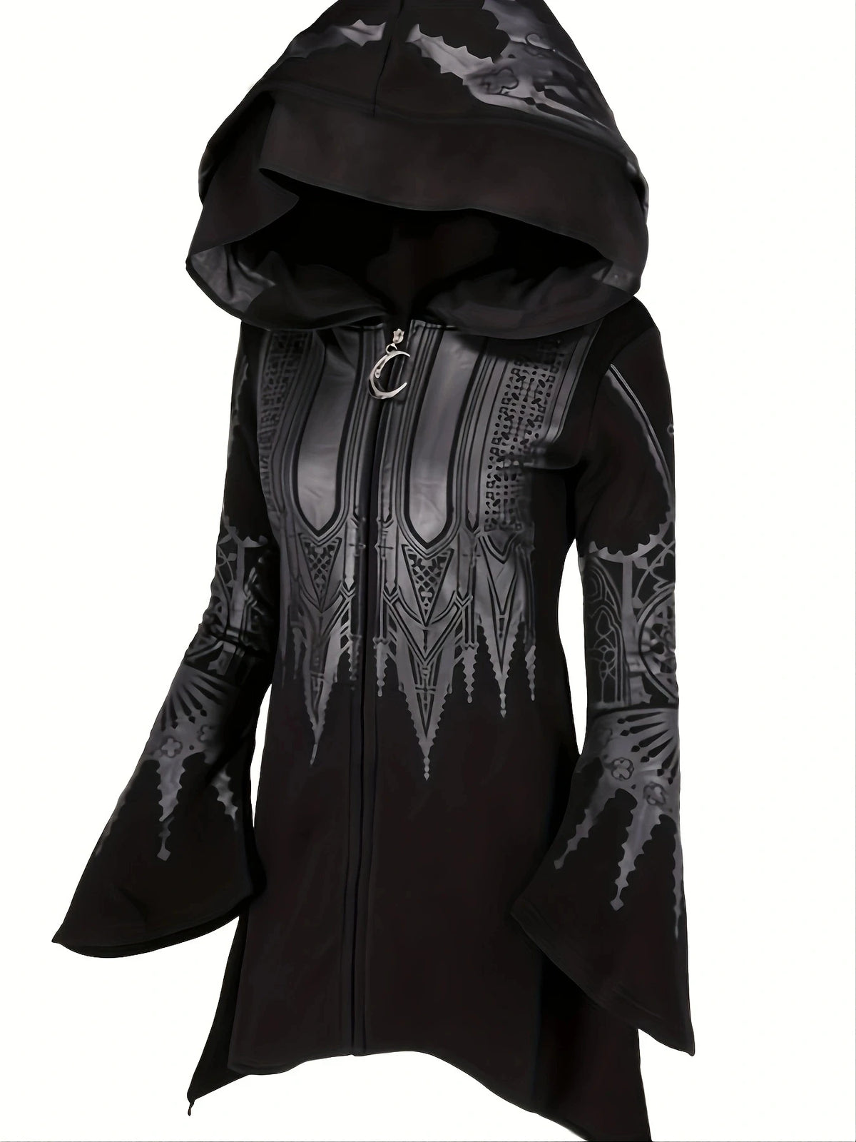 Angled front view of cathedral print gothic zip hoodie